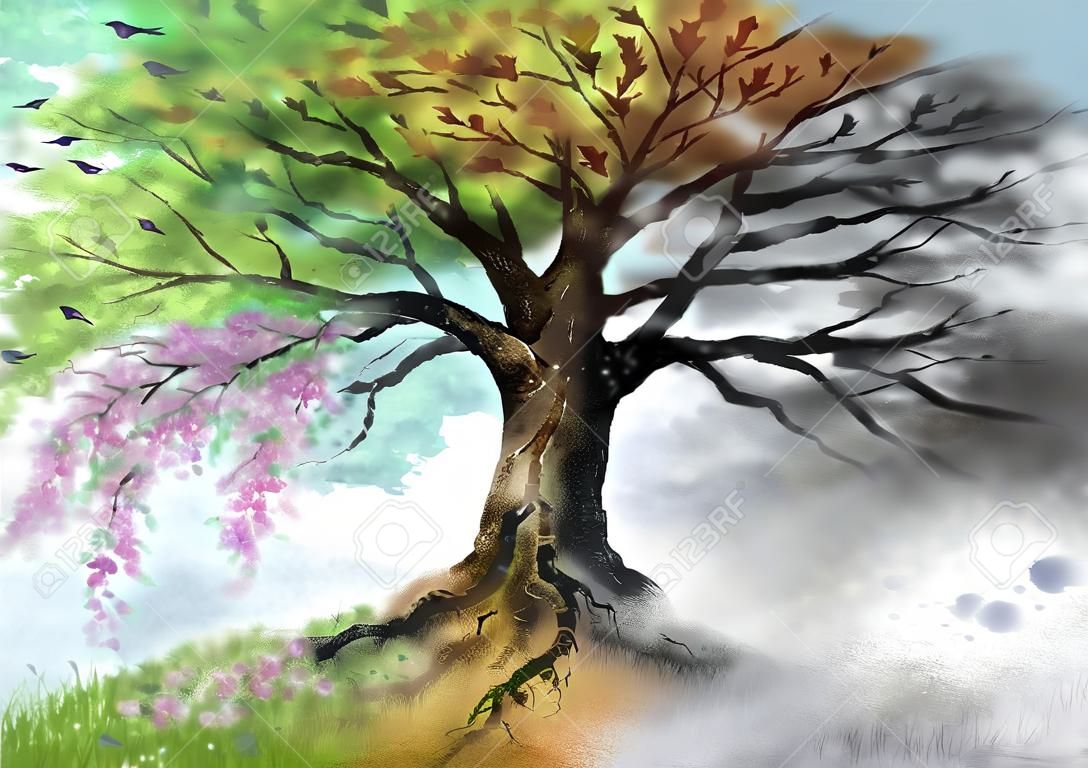 Ilustración digital de cuatro estaciones del árbol