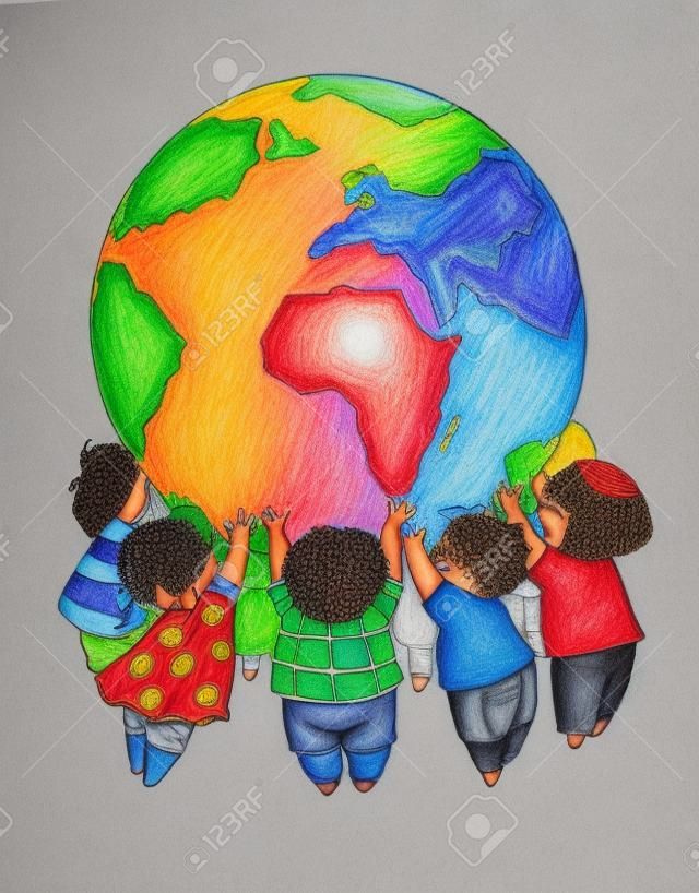 Group of children different races holding up the Earth Picture created with colored pencils  