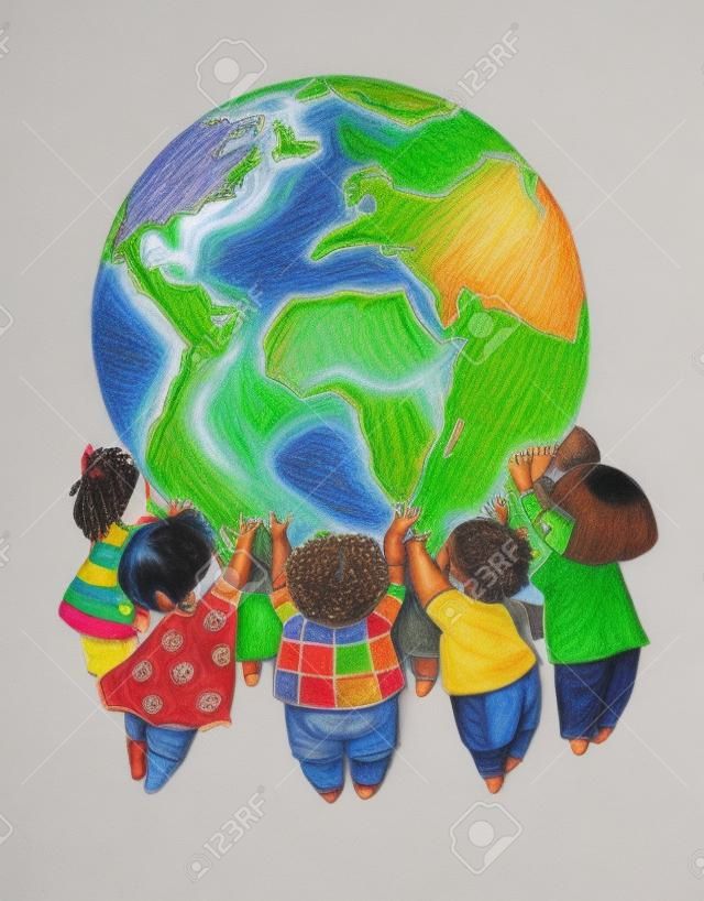 Grupo de niños diferentes razas que sostienen la tierra de la imagen creada con lápices de colores