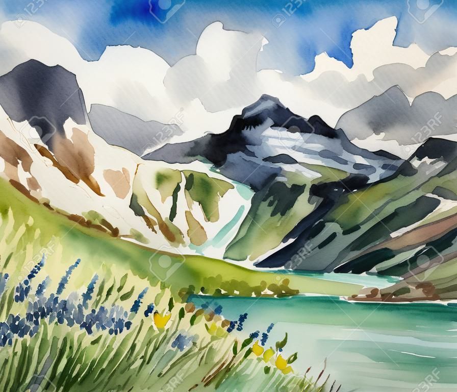 Hand painted watercolors illustration of flowering field,turquoise lake and rocky mountains in background.
