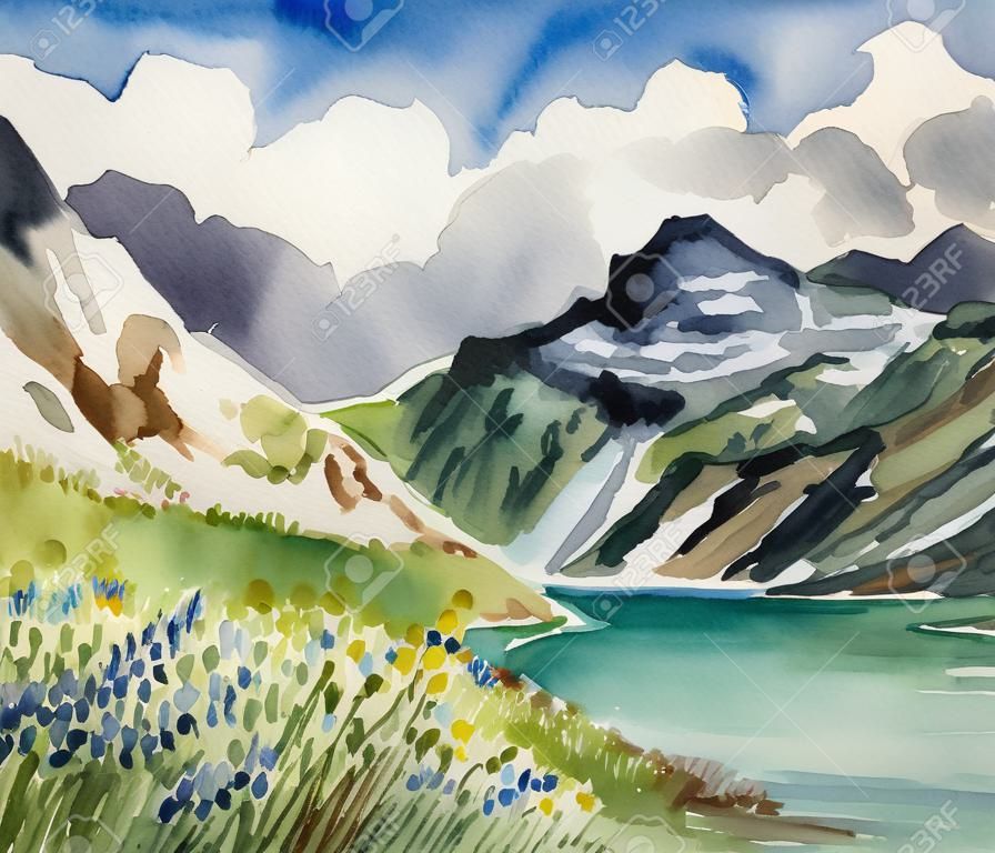 Hand painted watercolors illustration of flowering field,turquoise lake and rocky mountains in background.