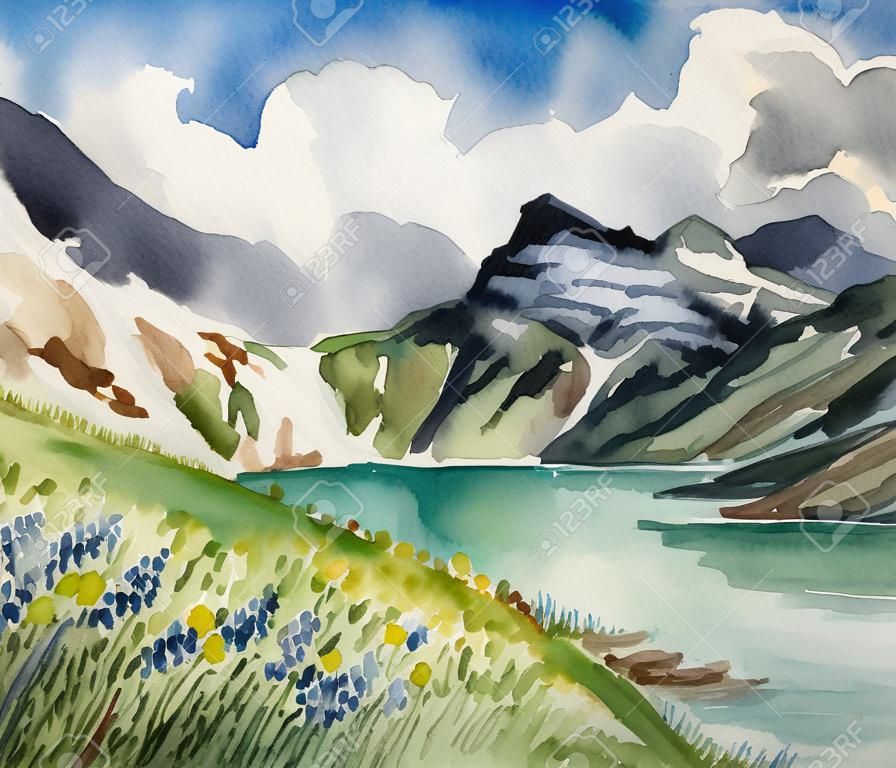 Mano acquerelli dipinti illustrazione del campo di fioritura, lago turchese e montagne rocciose sullo sfondo.