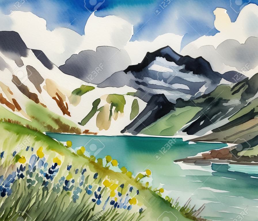 Mano acquerelli dipinti illustrazione del campo di fioritura, lago turchese e montagne rocciose sullo sfondo.