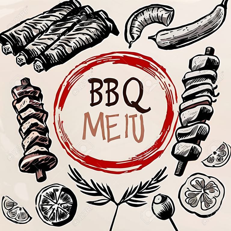 バーベキュー バーベキュー グリル肉料理メニュー レストランがあるバーベキュー ソーセージのリブのグリル、野菜の図面デザイン、ベクトル イラスト