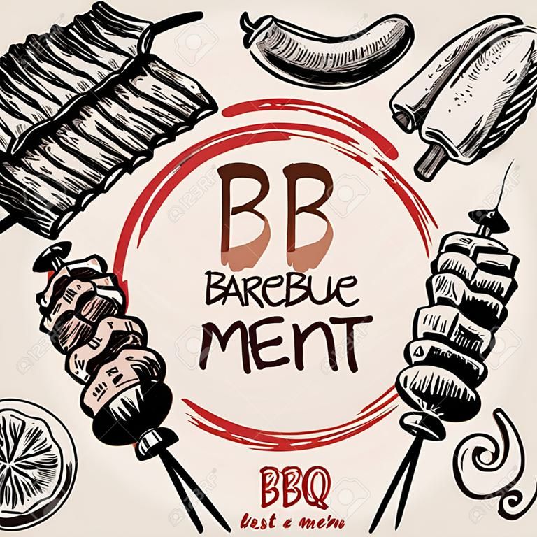 BBQ barbecue grill meat food  menu restaurant  have  barbecue sausage rib grilled and vegetable drawing design ,vector illustration