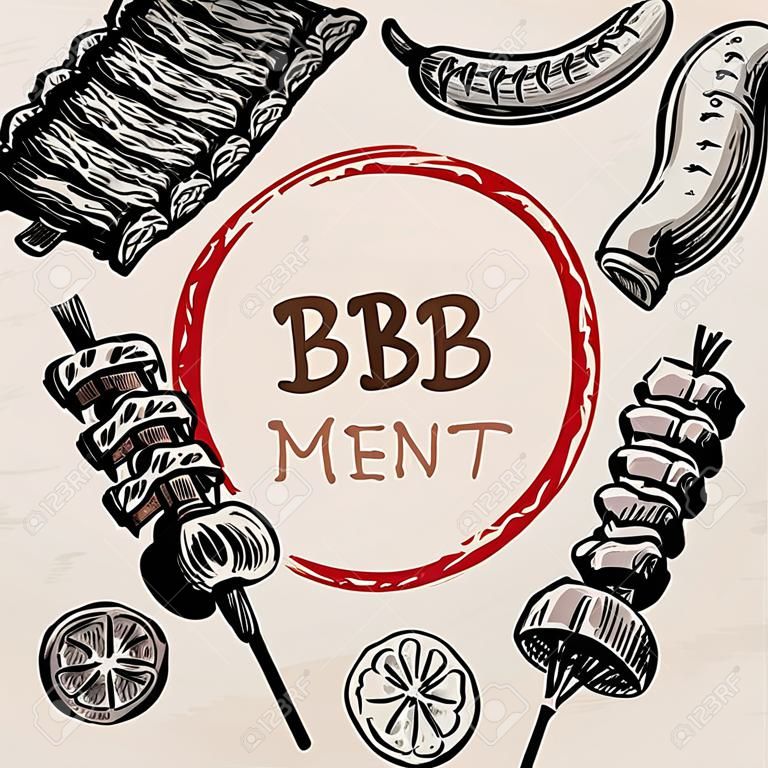 BBQ Grillfleisch Speisekarte Restaurant haben Grillwurst Rippe vom Grill und Gemüse Zeichnung Design, Vektor-Illustration