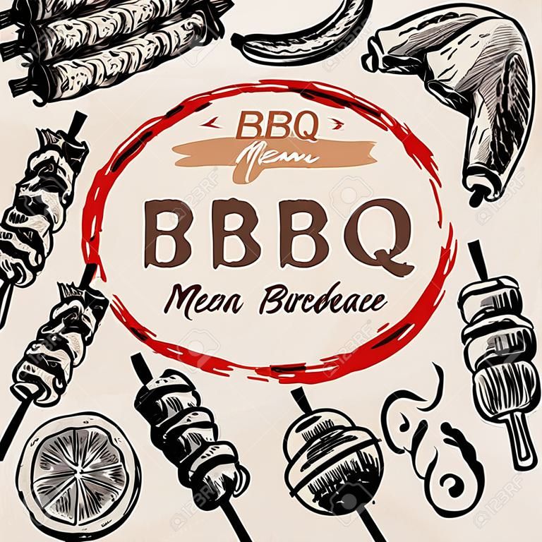 BBQ barbecue grill vlees eten menu restaurant hebben barbecue worst rib gegrild en groente tekening ontwerp, vector illustratie