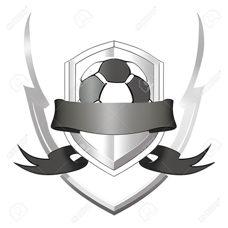 리본과 축구공, 축구 클럽의 로고가 있는 방패 디자인