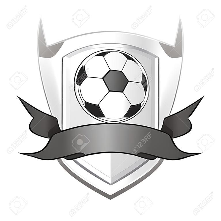 Diseño de escudo con cinta y pelota de fútbol, logo de un club de fútbol