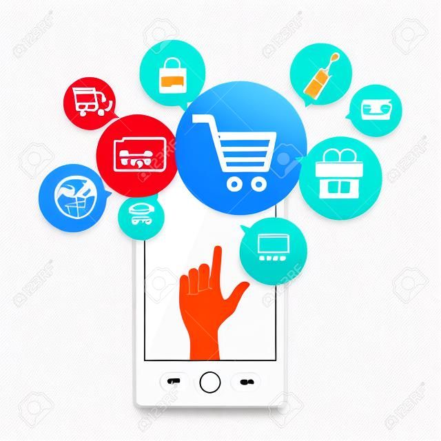 흰색 배경에 손 다채로운 전자 상거래 아이콘 위에 격리와 흰 스마트 전화 이동 전화 인터넷과 온라인 쇼핑 개념 선물
