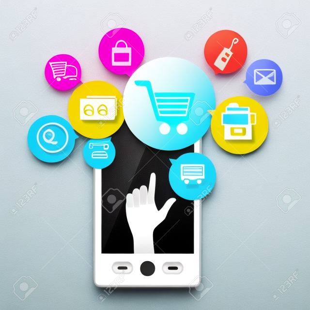 흰색 배경에 손 다채로운 전자 상거래 아이콘 위에 격리와 흰 스마트 전화 이동 전화 인터넷과 온라인 쇼핑 개념 선물
