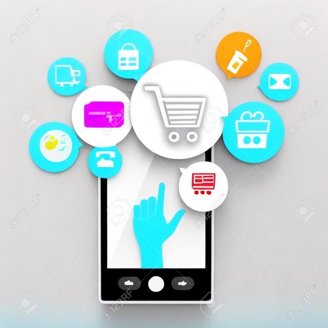 Mobile Phone Internet and Online Shopping Concept Present by White Smart Phone With Hand and Colorful E-Commerce Icon Above Isolate on White Background 