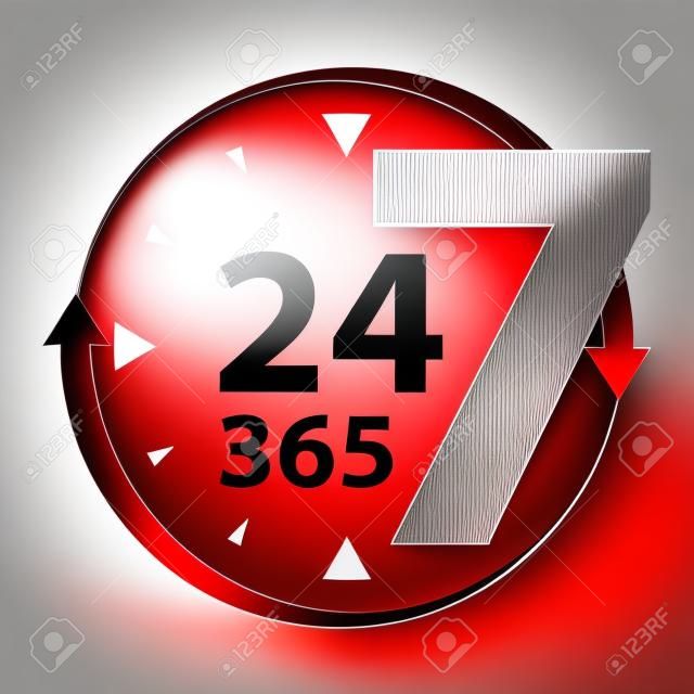 Red 24 7 365 With Clock and Arrow Sign Icon or Label Isolated on White Background