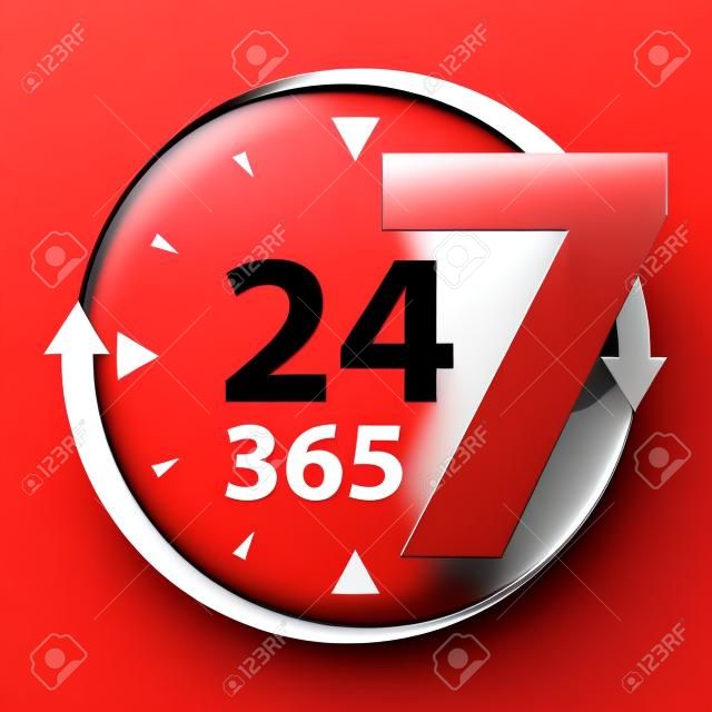 Red 24 7 365 With Clock and Arrow Sign Icon or Label Isolated on White Background
