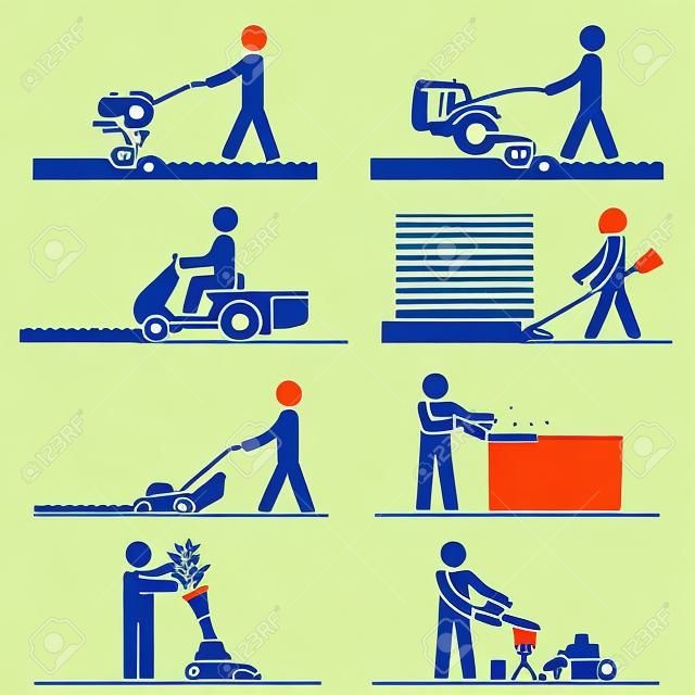 Los pictogramas que representan a personas que realizan trabajos de campo y patio trasero con las máquinas