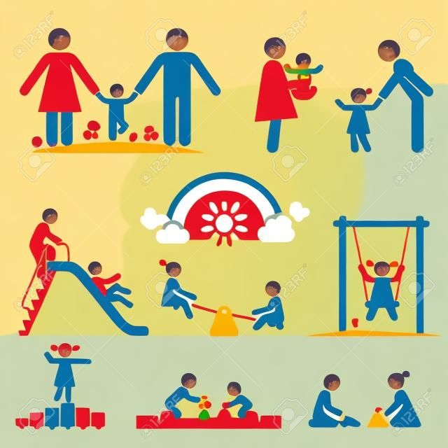 As crianças jogam no jogo do ícone do pictograma do parque infantil