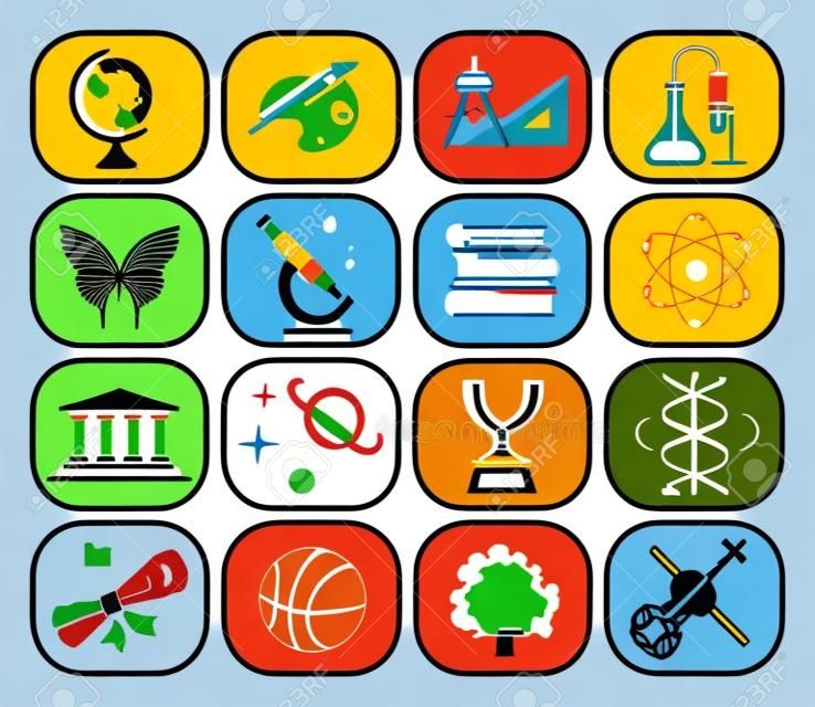 Collection of icons presenting different school subjects, science, art, history, geography, chemistry, maths, music, sports. Vector illustration.