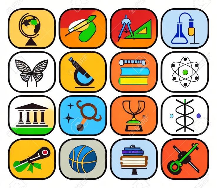 Collection of icons presenting different school subjects, science, art, history, geography, chemistry, maths, music, sports. Vector illustration.