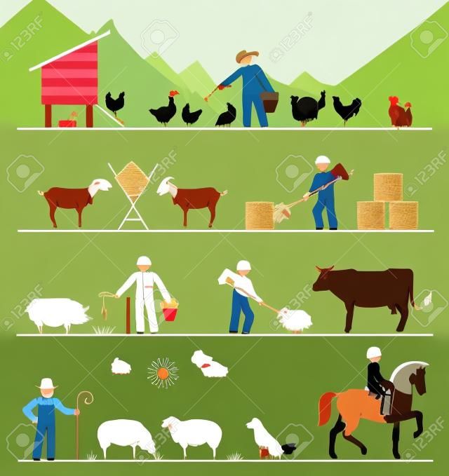 La alimentación de pollos y aves de corral, la alimentación de las cabras con heno, que alimentan los cerdos y el ganado, pastoreo de ovejas, Equitación. Iconos Agricultura.