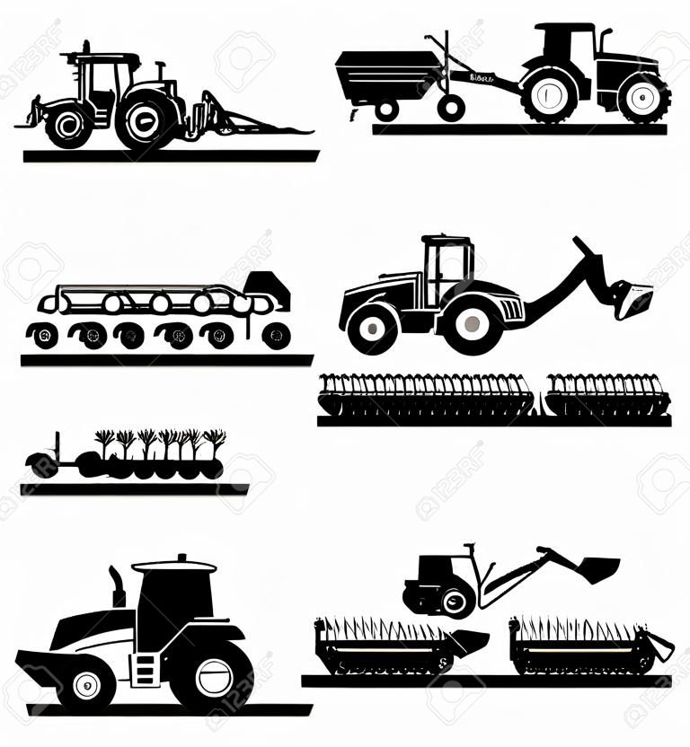 Conjunto de diferentes tipos de veículos agrícolas e máquinas de colheita, combina e escavadeiras. Conjunto de ícones de máquinas de trabalho. Máquinas agrícolas com acessórios para arar, cortar, plantar, pulverizar e colher.