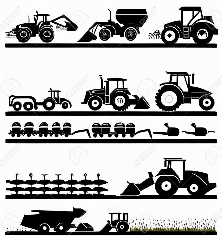 Conjunto de diferentes tipos de vehículos agrícolas y máquinas cosechadoras, cosechadoras y excavadoras. Icono conjunto de máquinas de trabajo. Máquinas agrícolas con accesorios para arar, segar, siembra, fumigación y cosecha.