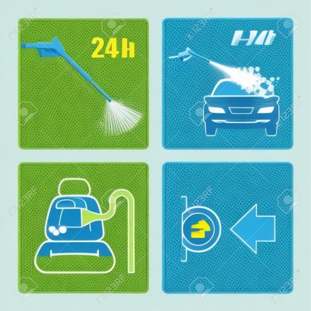 一套洗車圖標。自助洗車指導。自動洗車設施。