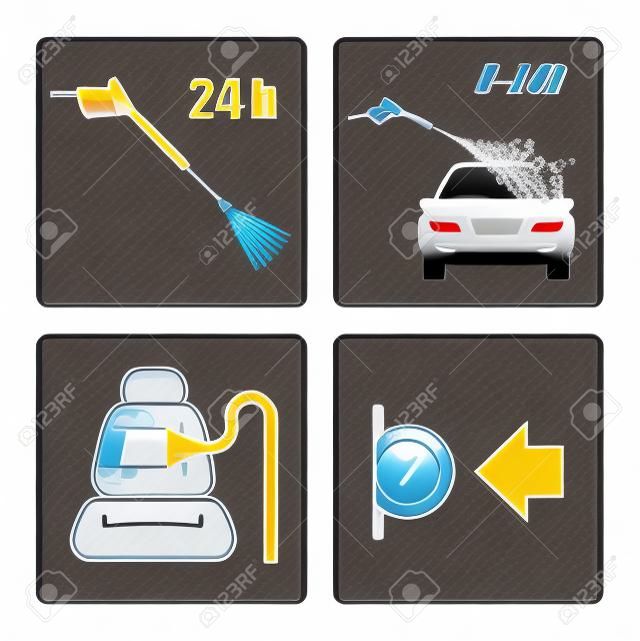 Zestaw ikon mycia samochodów. Samoobsługowe instrukcje myjni. Automatyczne myjniach samochodowych.