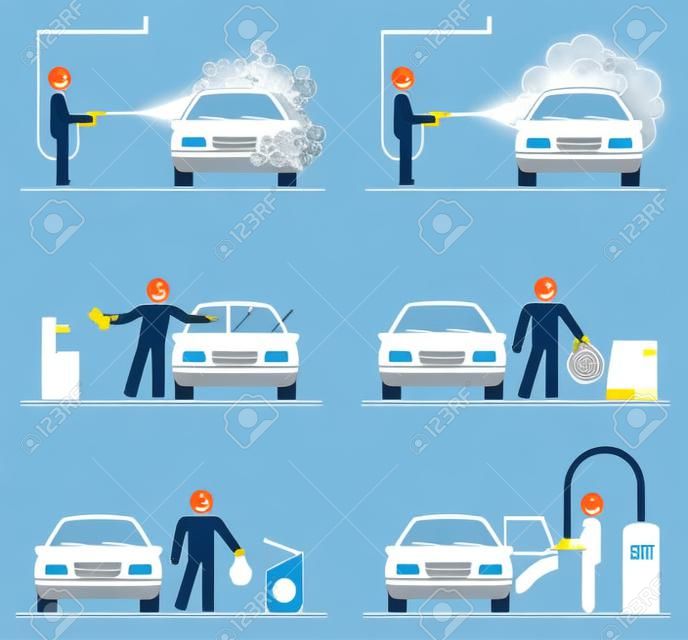 Zestaw piktogramów do mycia samochodów. Profesjonalna myjnia samochodowa. Dogłębne czyszczenie.