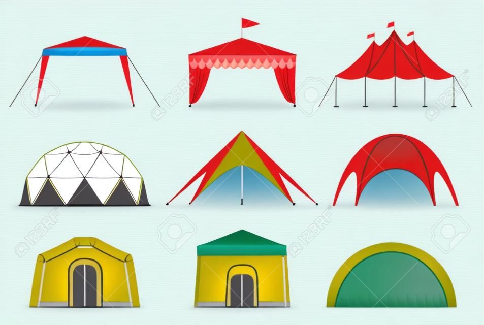 設置帳篷野營和帳篷展館各種設計。帳篷在自然野營和戶外慶祝活動。簡單可愛的矢量插圖。