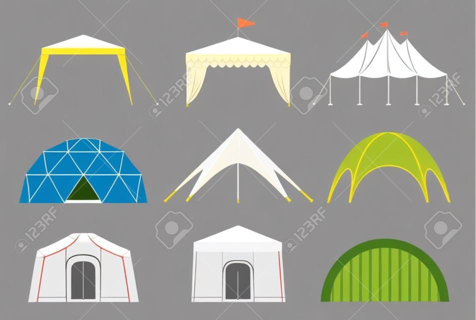 設置帳篷野營和帳篷展館各種設計。帳篷在自然野營和戶外慶祝活動。簡單可愛的矢量插圖。