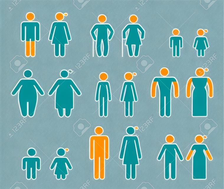 다양 한 종류의 사람들을 나타내는 그림 집합입니다. 몸 모양. 다양 한 유형의 신체 모양과 연령 차이를 나타내는 사람들을 나타내는 픽토그램.