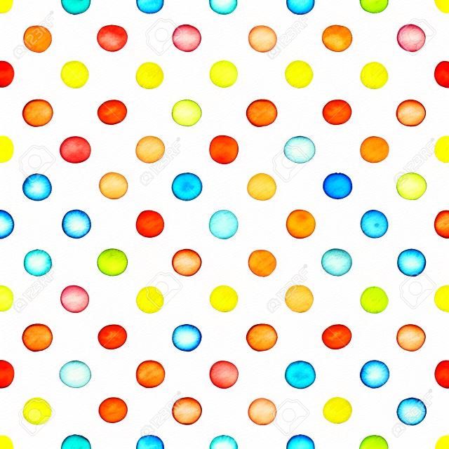 Seamless hand drawn watercolor pattern made of round red and orange dots, isolated over white.