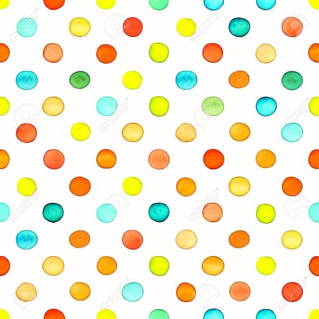 Seamless hand drawn watercolor pattern made of round red and orange dots, isolated over white.