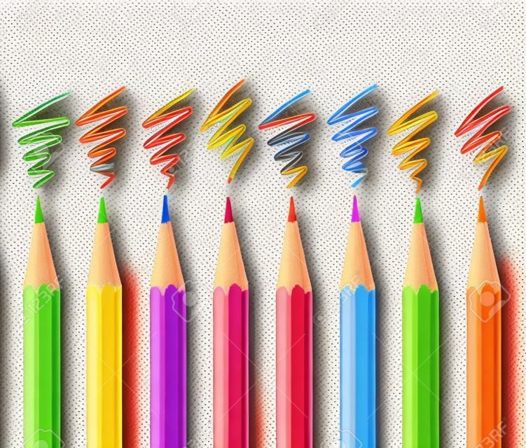 Juego de lápices de colores y marcas de sombreado. Ilustración de fideos vectoriales dibujados a mano. Lápices de colores de colores aislados sobre fondo blanco.