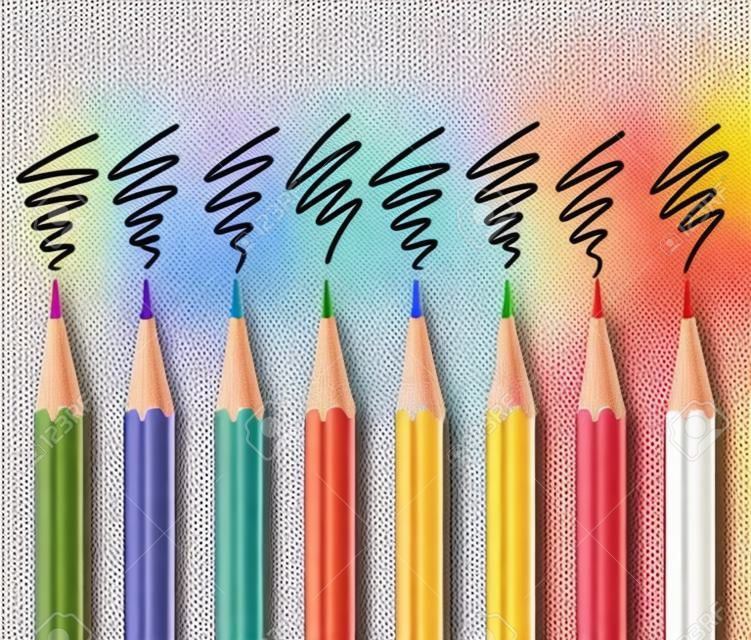 Juego de lápices de colores y marcas de sombreado. Ilustración de fideos vectoriales dibujados a mano. Lápices de colores de colores aislados sobre fondo blanco.