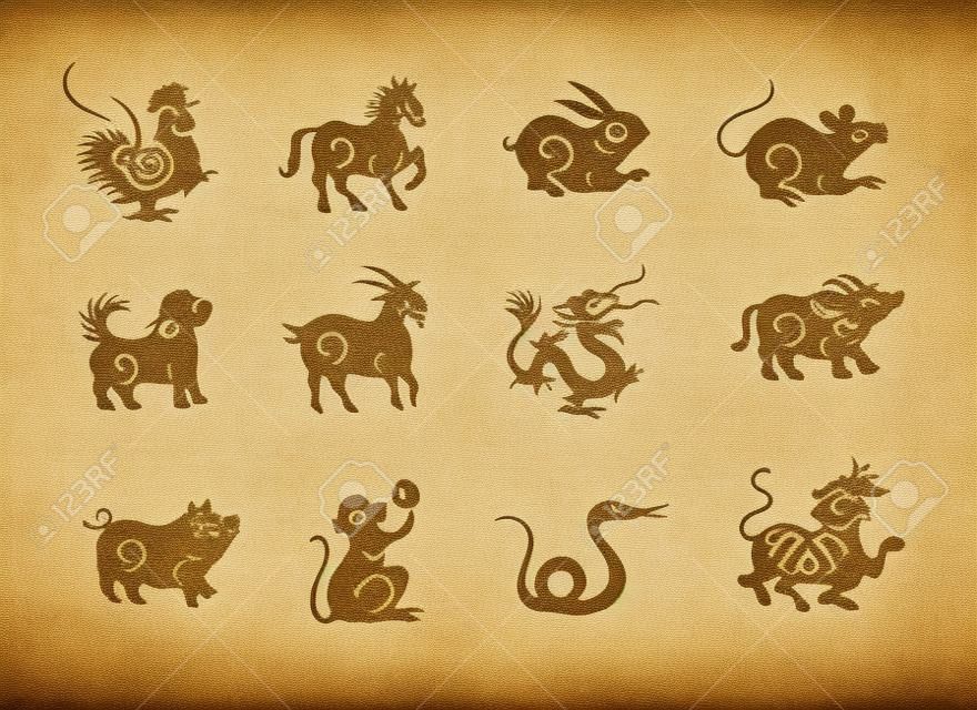 Animales del zodiaco chino, sepia con textura de papel