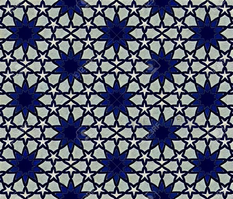 Fondo de patrón árabe. Telón de fondo geométrico ornamento musulmán sin fisuras. Ilustración de vector de textura islámica. Decoración árabe tradicional sobre fondo azul oscuro y dorado