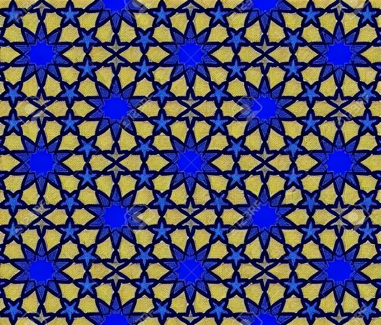 Arabic pattern background. Geometric seamless muslim ornament backdrop. Vector illustration of islamic texture. Traditional arabic decor on dark blue and gold background