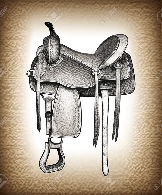 Vector engraved style illustration for posters, decoration and print. Hand drawn sketch of western saddle isolated on white background. Detailed vintage etching drawing.