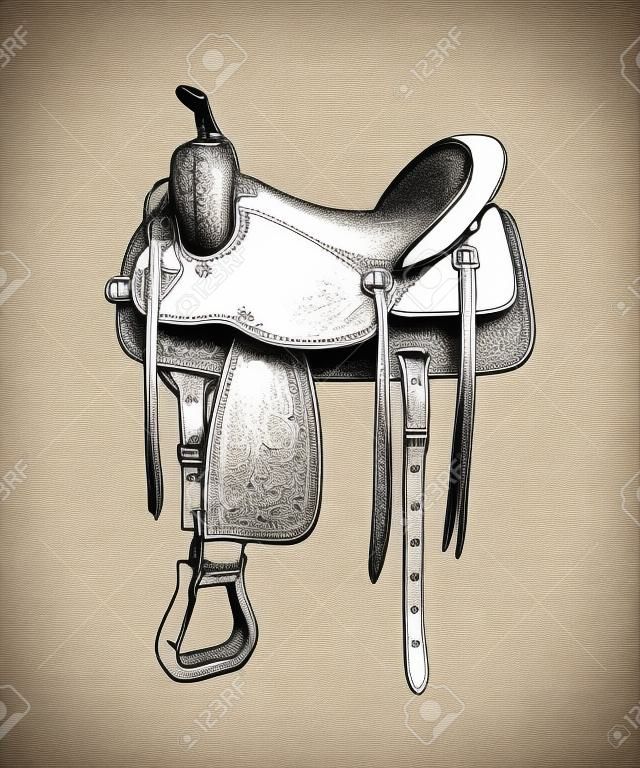 Vector engraved style illustration for posters, decoration and print. Hand drawn sketch of western saddle isolated on white background. Detailed vintage etching drawing.