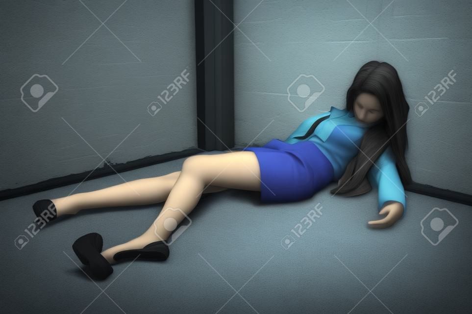 Simulazione di scena del crimine: college girl sdraiato sul pavimento