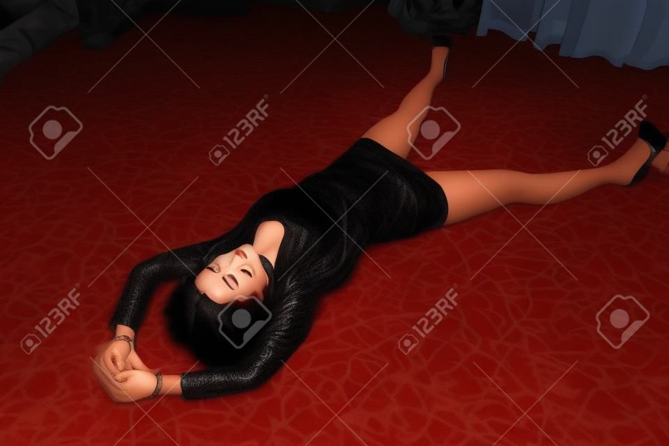 hermosa mujer estrangulada en un corto vestido negro está en el suelo. Simulación de la escena del crimen.