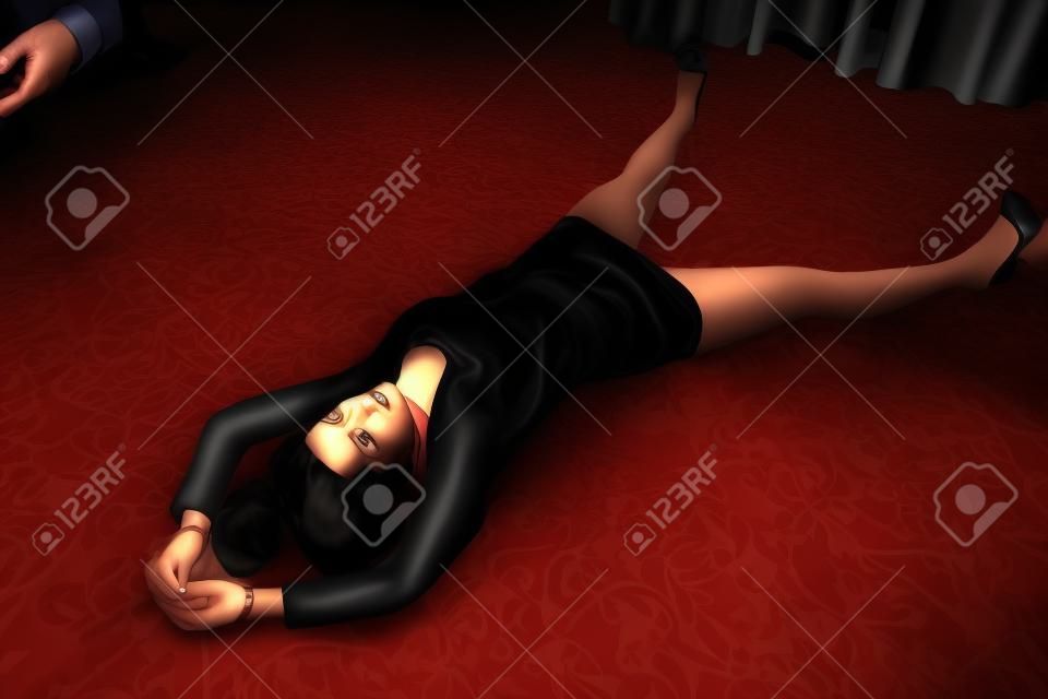 Megfojtották gyönyörű nő egy rövid fekete ruha a földön fekszik. Szimuláció a tetthelyre.