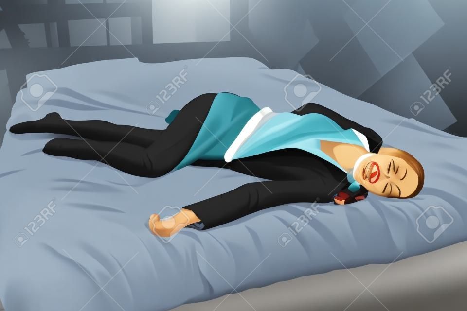 Scena zbrodni (imitacja). Uduszony biznesowej kobiety lying on the beach na łóżku