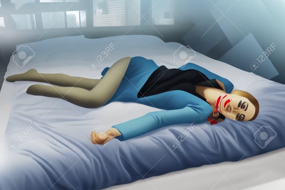 Crime scene (imitation). Strangled business woman lying on the bed