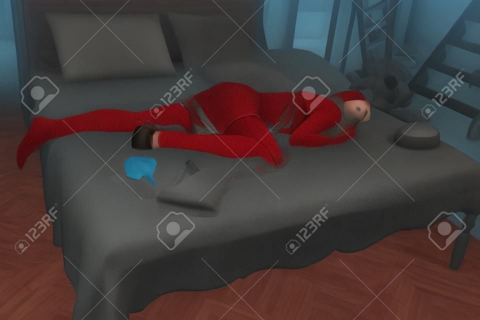 Bella mujer estrangulada en un dormitorio. Simulación de la escena del crimen.