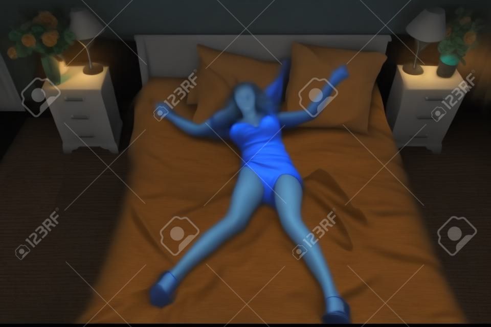 Strangled beautiful woman in a bedroom. Simulation of the crime scene.
