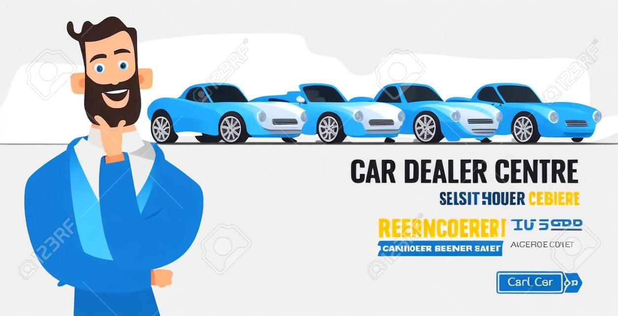 Car dealer centrum concept banner. Auto salling of huur. Auto business cartoon stijl illustratie