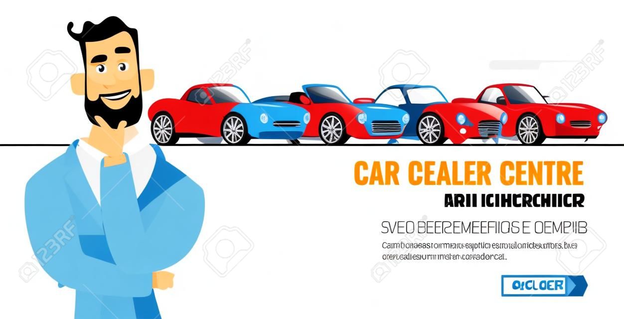 Car dealer centrum concept banner. Auto salling of huur. Auto business cartoon stijl illustratie
