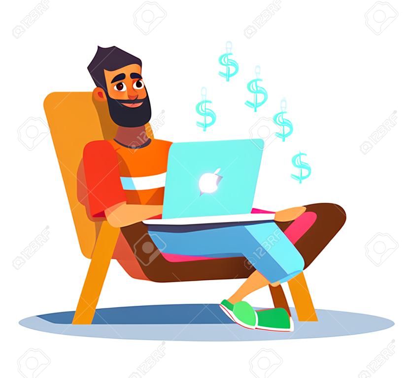 Homme travaillant à la maison avec un ordinateur portable sur un fauteuil. Le concept de travail à distance d'un homme d'affaires